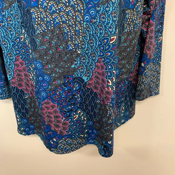 Womans Top Tunic 3X  Colorful Blue Print Jersey Knit Long Sleeve  V Neck Boho - Picture 3 of 11